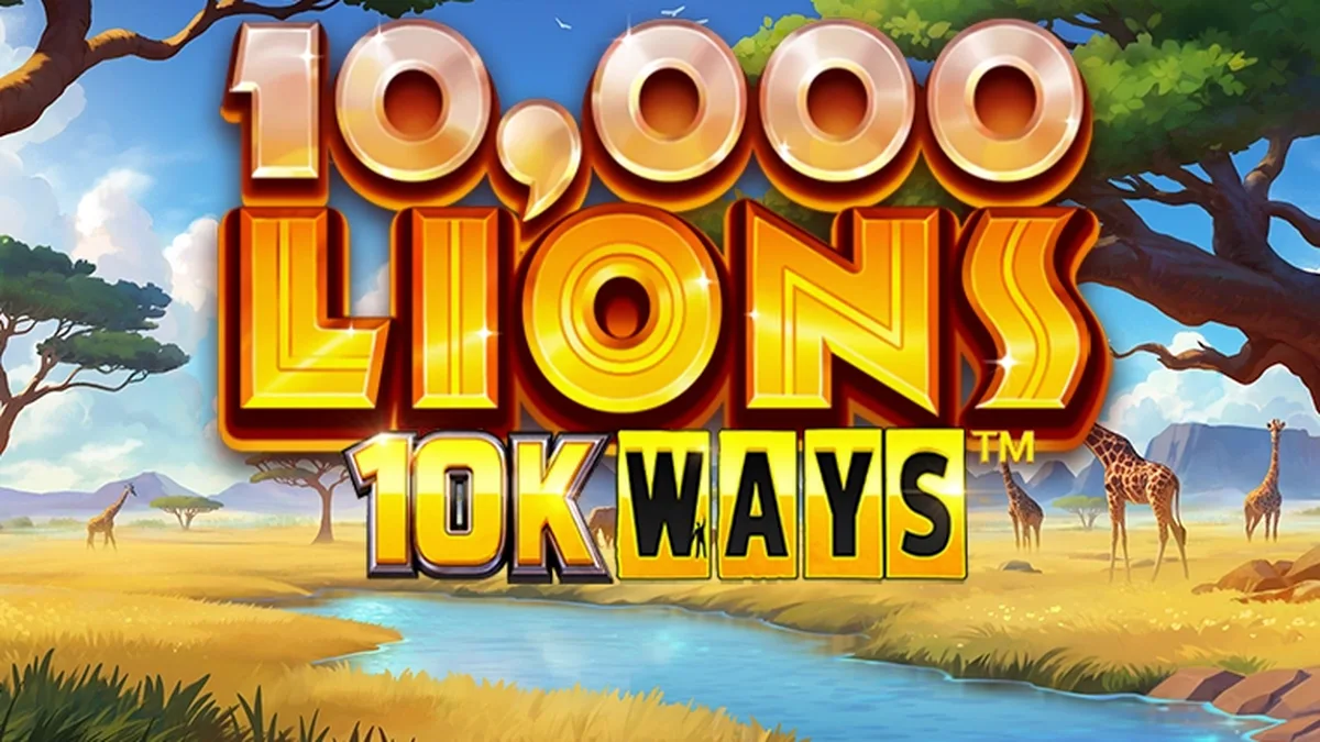 Interface do jogo de slot 10,000 Lions 10K Ways com tema de savana