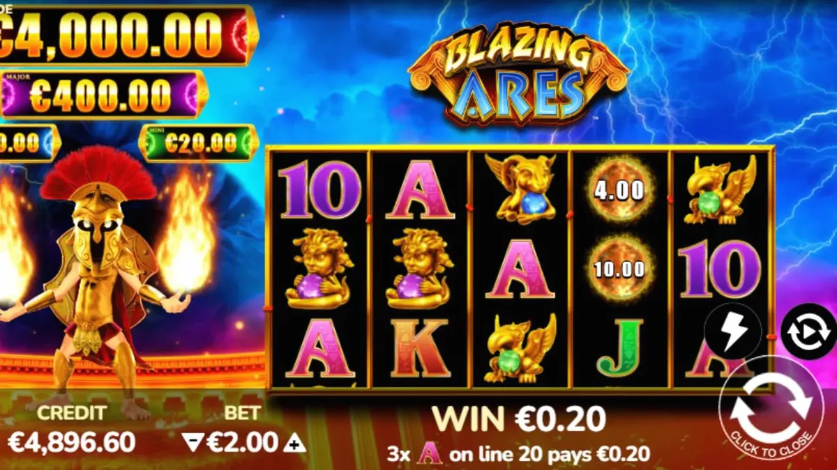 Interface do slot Blazing Ares com tema de mitologia grega e chamas intensas