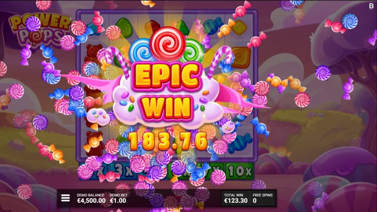 Interface colorida e doce do slot Power Pops com doces e pirulitos